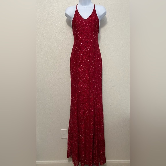 Red Floral Lace Formal Maxi Dress Small Hoco Gala Romantic Holiday Sexy Vamp - Picture 1 of 8